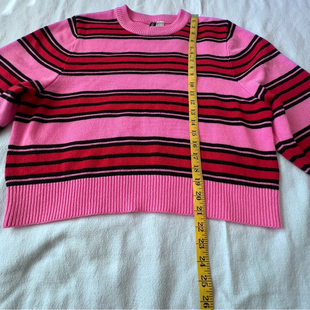 H&M Divided Pink Red and Black Knit Striped Sweater Balloon Sleeves Women’s L - Picture 6 of 10